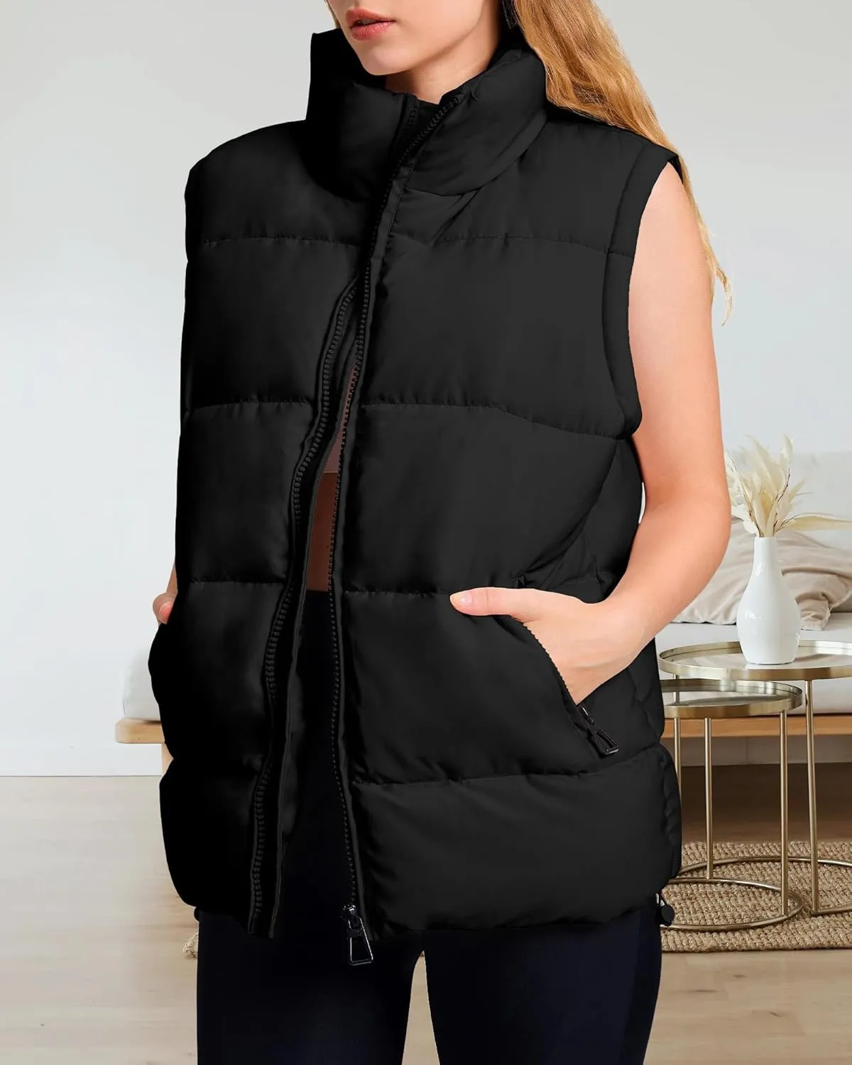 Polu Womens Puffer Vest 2024 Oversized Lightweight Winter Sleeveless Zip Up Padded Stand Collar Jacket Coat Warm