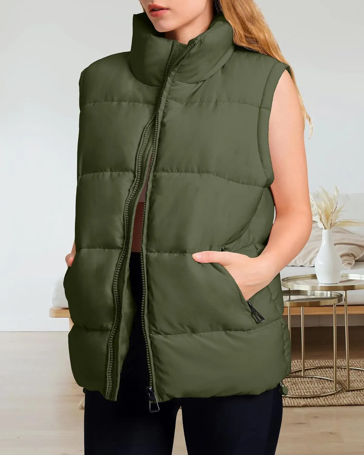 Polu Womens Puffer Vest 2024 Oversized Lightweight Winter Sleeveless Zip Up Padded Stand Collar Jacket Coat Warm