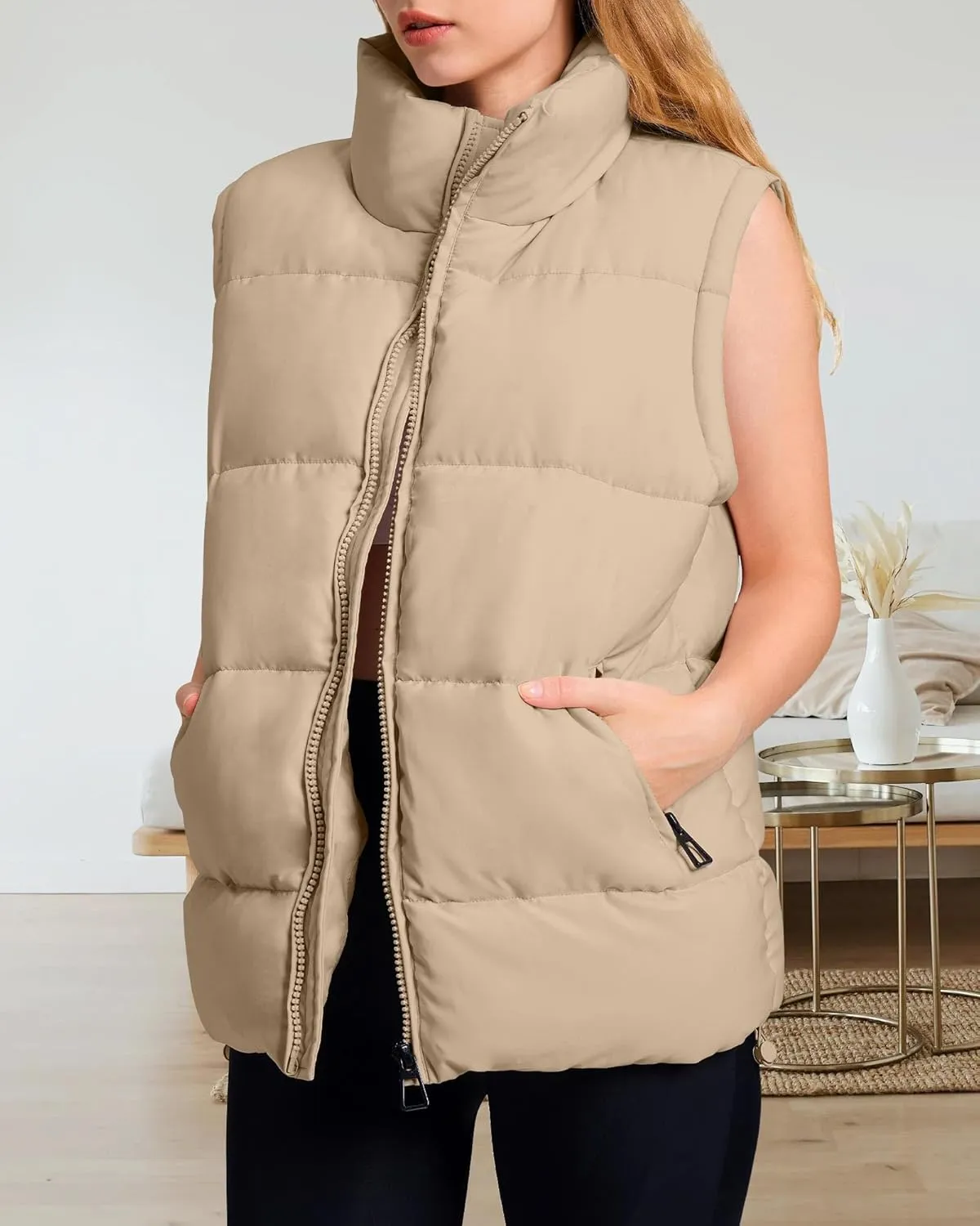 Polu Womens Puffer Vest 2024 Oversized Lightweight Winter Sleeveless Zip Up Padded Stand Collar Jacket Coat Warm