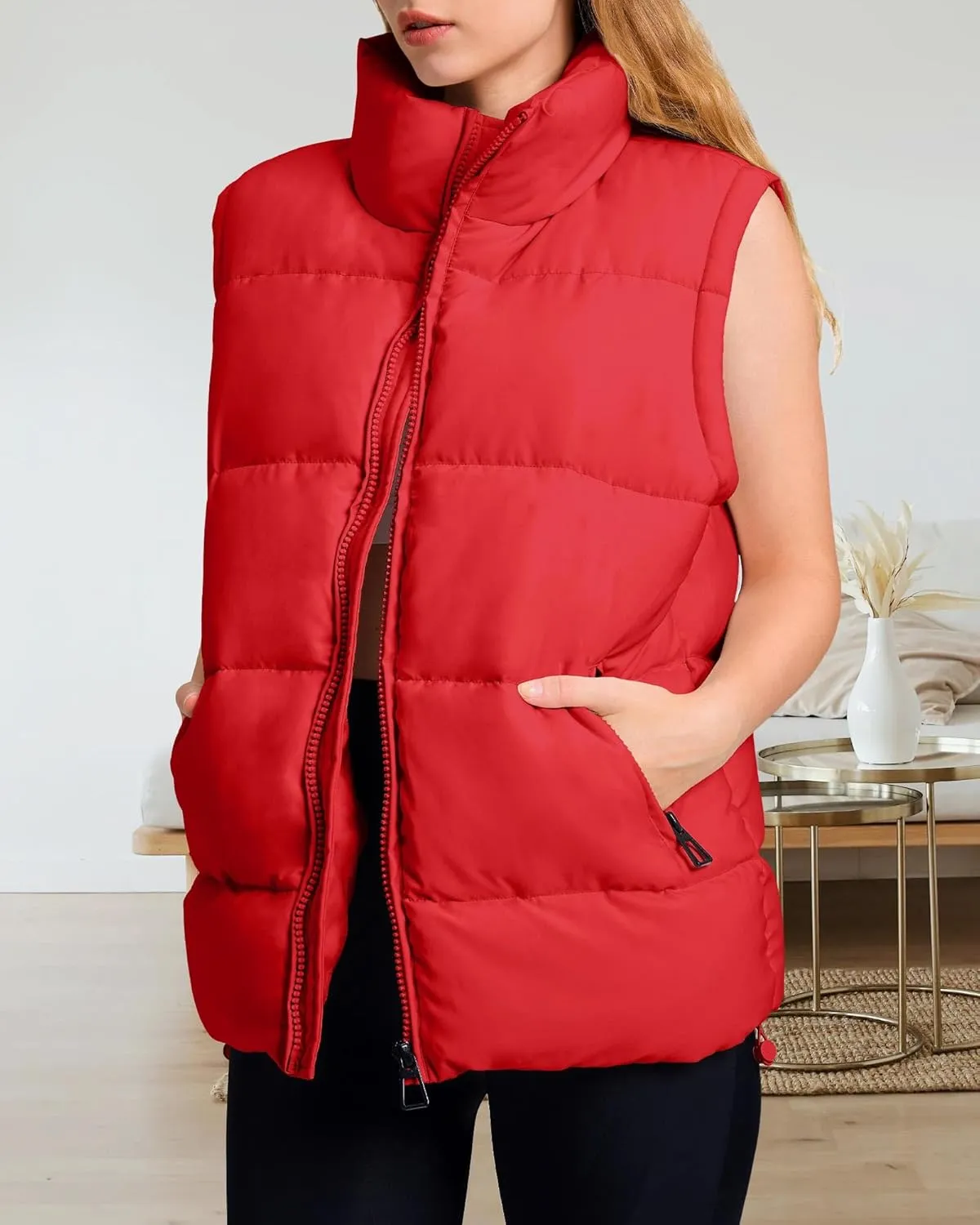 Polu Womens Puffer Vest 2024 Oversized Lightweight Winter Sleeveless Zip Up Padded Stand Collar Jacket Coat Warm