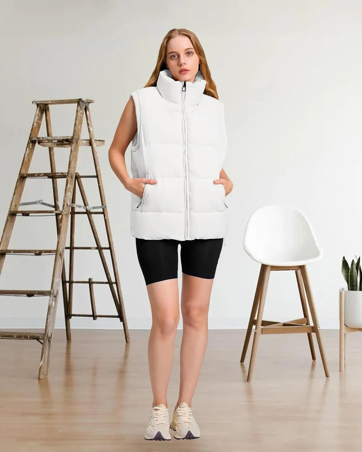 Polu Womens Puffer Vest 2024 Oversized Lightweight Winter Sleeveless Zip Up Padded Stand Collar Jacket Coat Warm