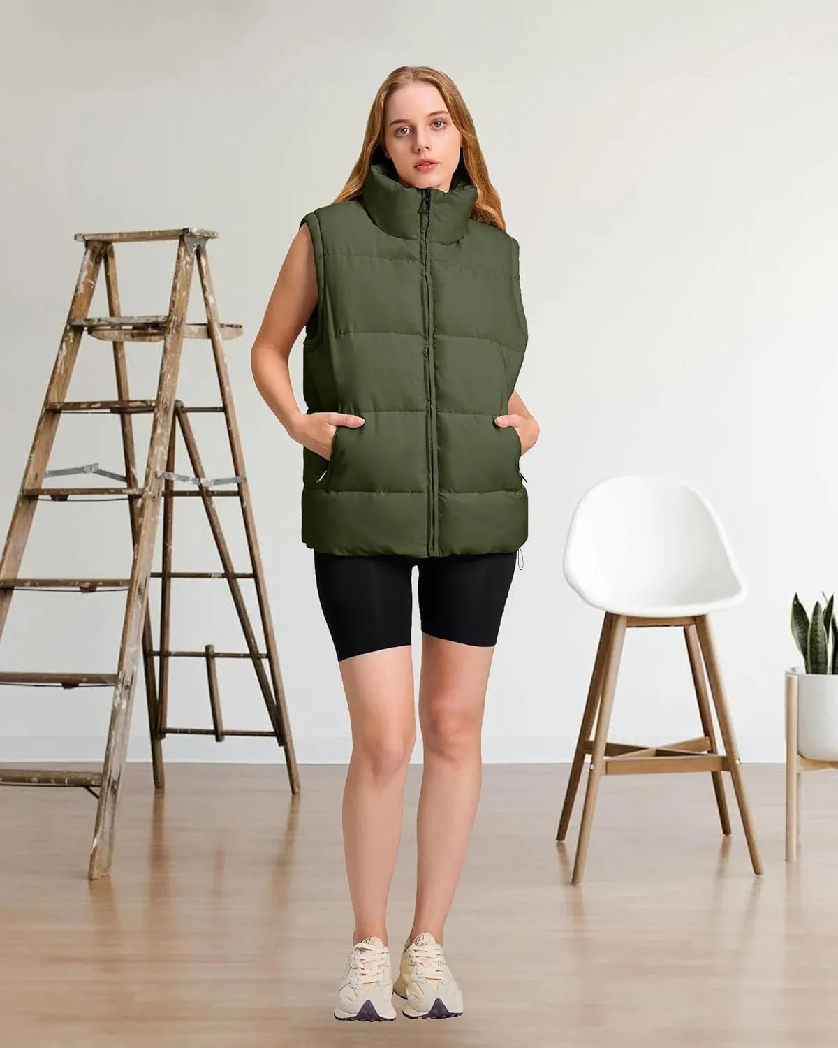 Polu Womens Puffer Vest 2024 Oversized Lightweight Winter Sleeveless Zip Up Padded Stand Collar Jacket Coat Warm