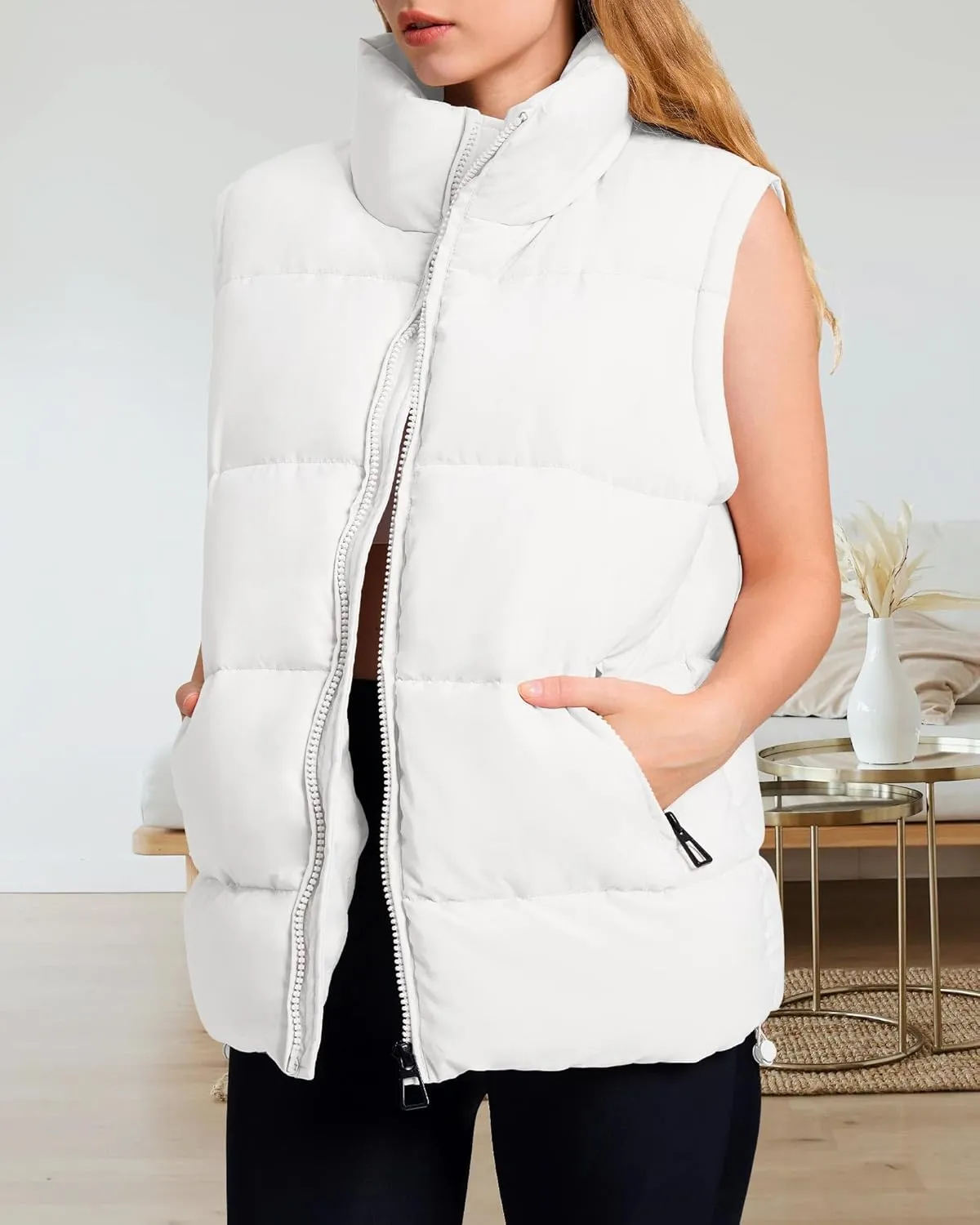 Polu Womens Puffer Vest 2024 Oversized Lightweight Winter Sleeveless Zip Up Padded Stand Collar Jacket Coat Warm