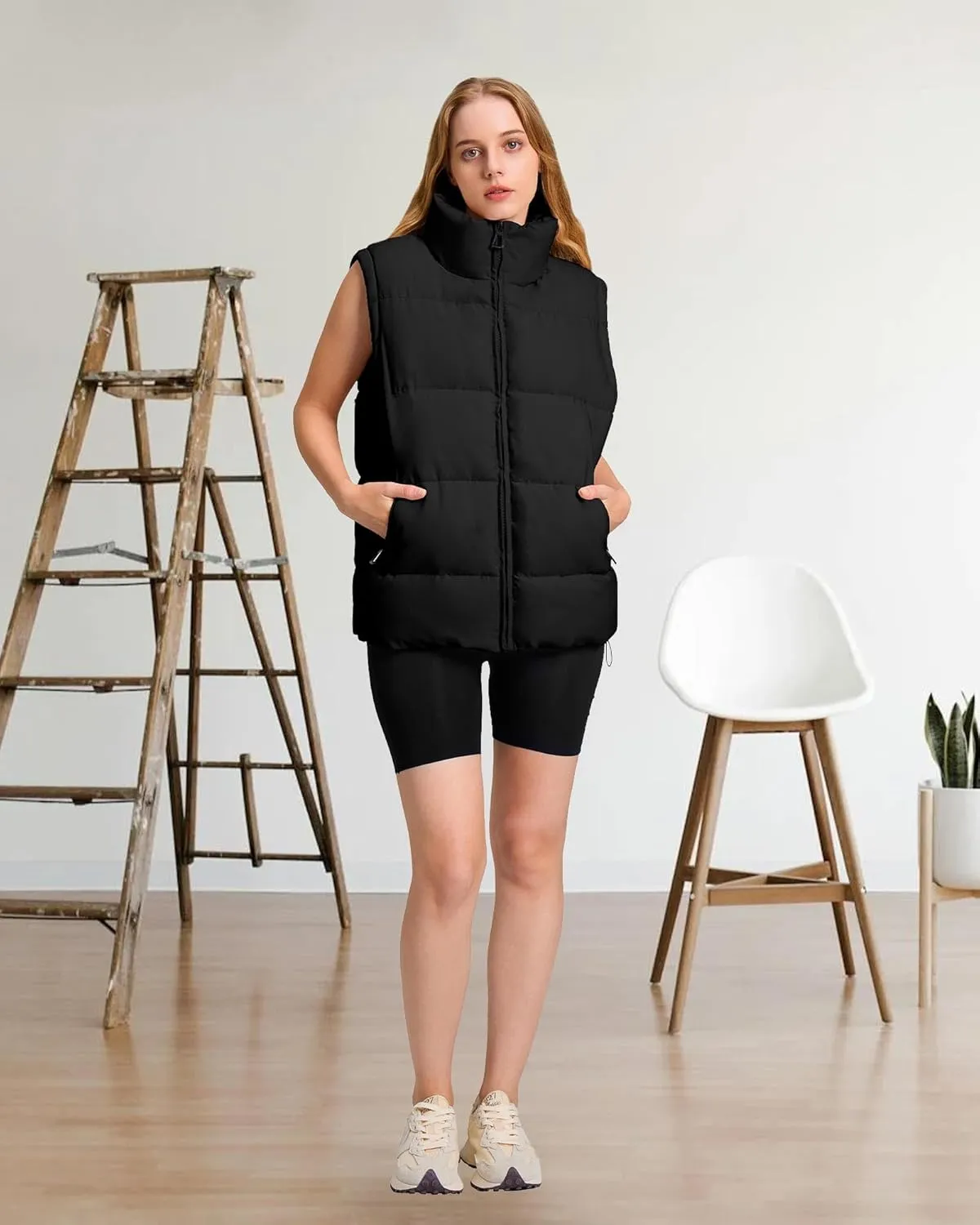 Polu Womens Puffer Vest 2024 Oversized Lightweight Winter Sleeveless Zip Up Padded Stand Collar Jacket Coat Warm