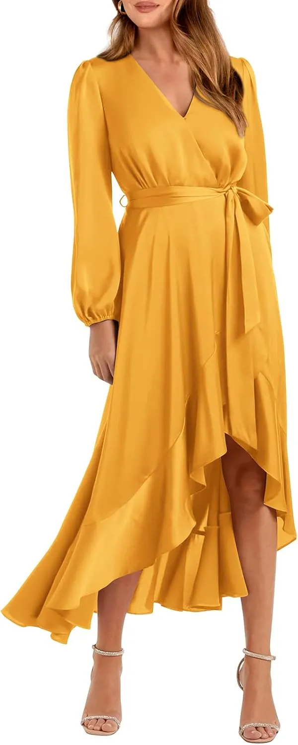 PRETTYGARDEN Women's Spring Dresses Casual Long Sleeve Wrap V Neck Maxi Dress Ruffle High Low Wedding Guest Dress Spring 2025