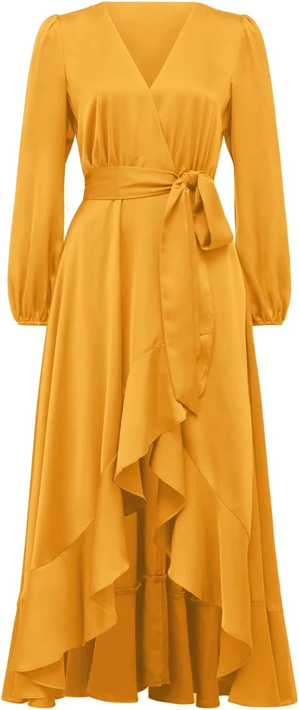 PRETTYGARDEN Women's Spring Dresses Casual Long Sleeve Wrap V Neck Maxi Dress Ruffle High Low Wedding Guest Dress Spring 2025