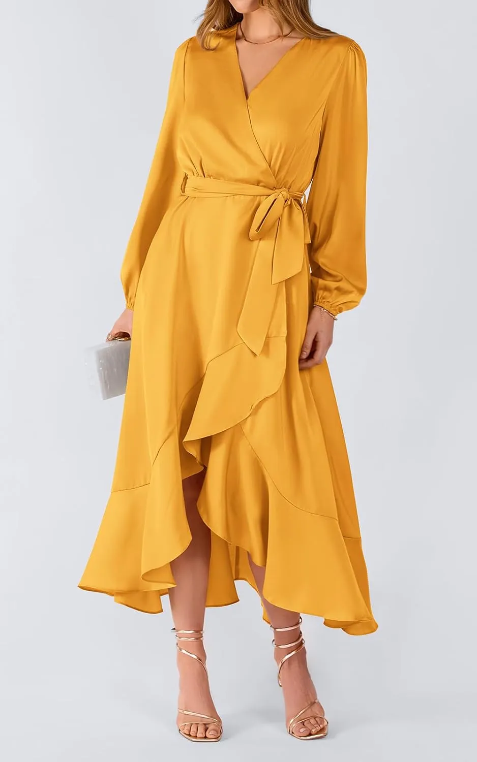 PRETTYGARDEN Women's Spring Dresses Casual Long Sleeve Wrap V Neck Maxi Dress Ruffle High Low Wedding Guest Dress Spring 2025