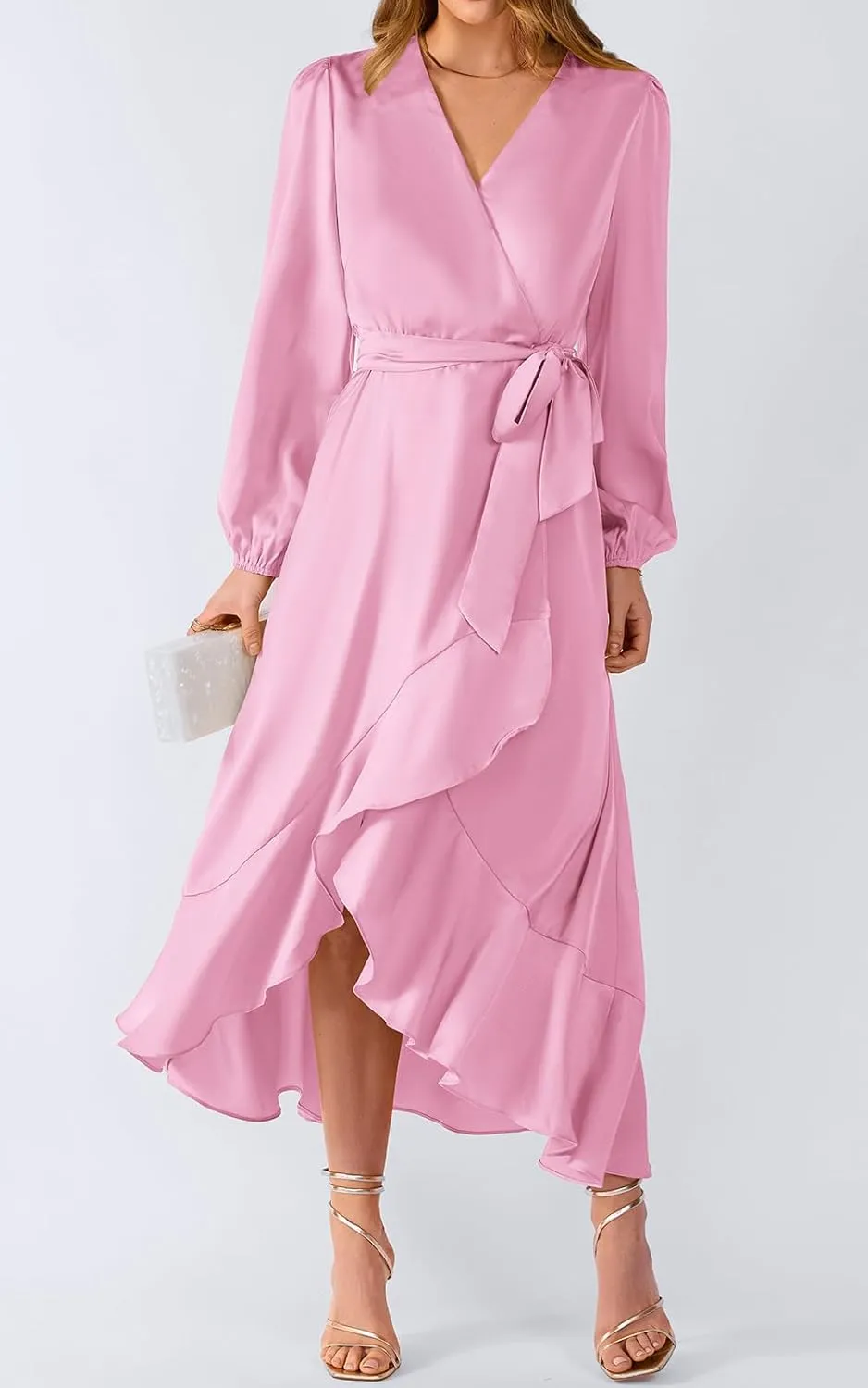 PRETTYGARDEN Women's Spring Dresses Casual Long Sleeve Wrap V Neck Maxi Dress Ruffle High Low Wedding Guest Dress Spring 2025