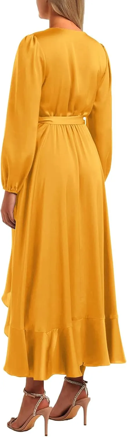 PRETTYGARDEN Women's Spring Dresses Casual Long Sleeve Wrap V Neck Maxi Dress Ruffle High Low Wedding Guest Dress Spring 2025