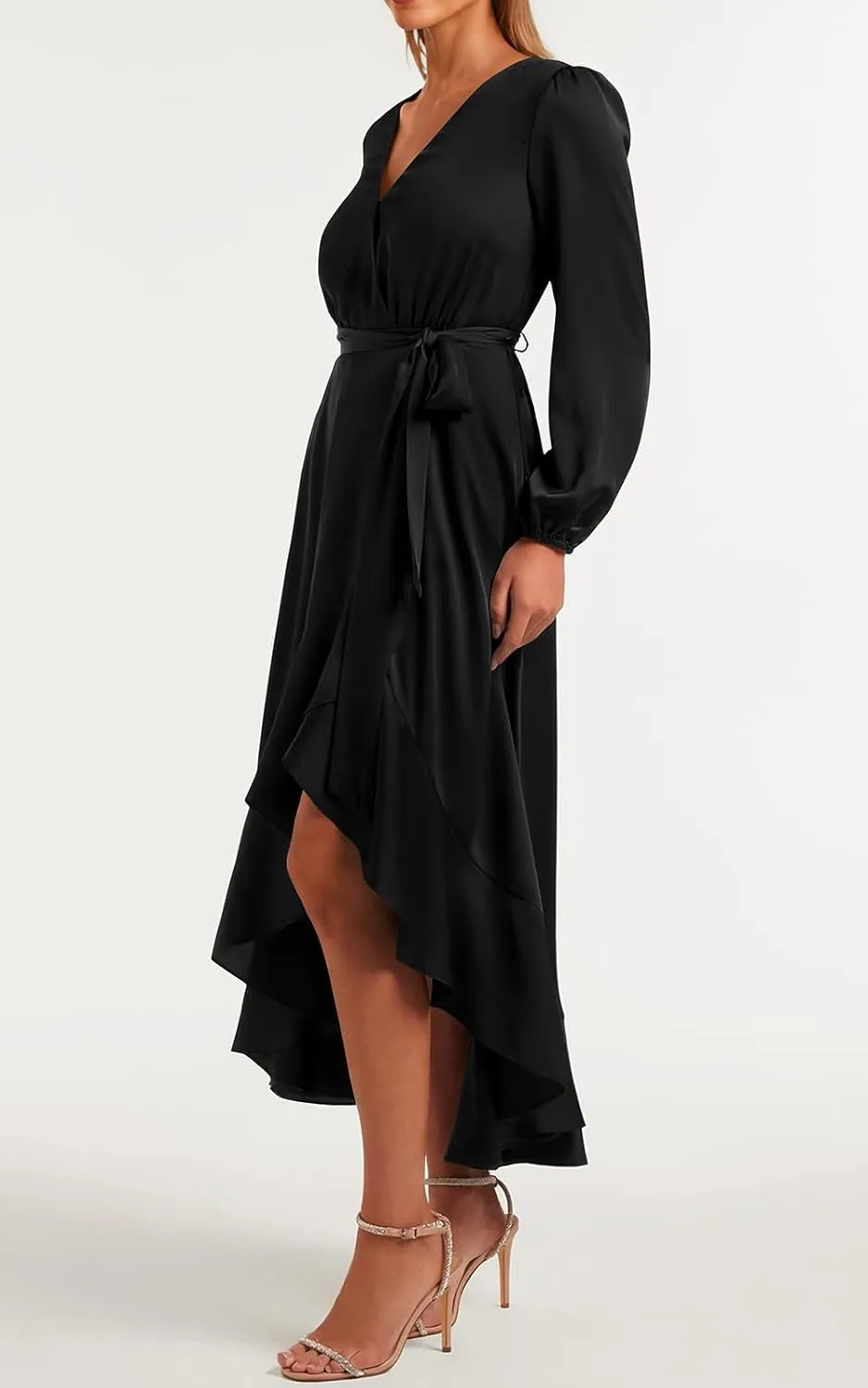 PRETTYGARDEN Women's Spring Dresses Casual Long Sleeve Wrap V Neck Maxi Dress Ruffle High Low Wedding Guest Dress Spring 2025