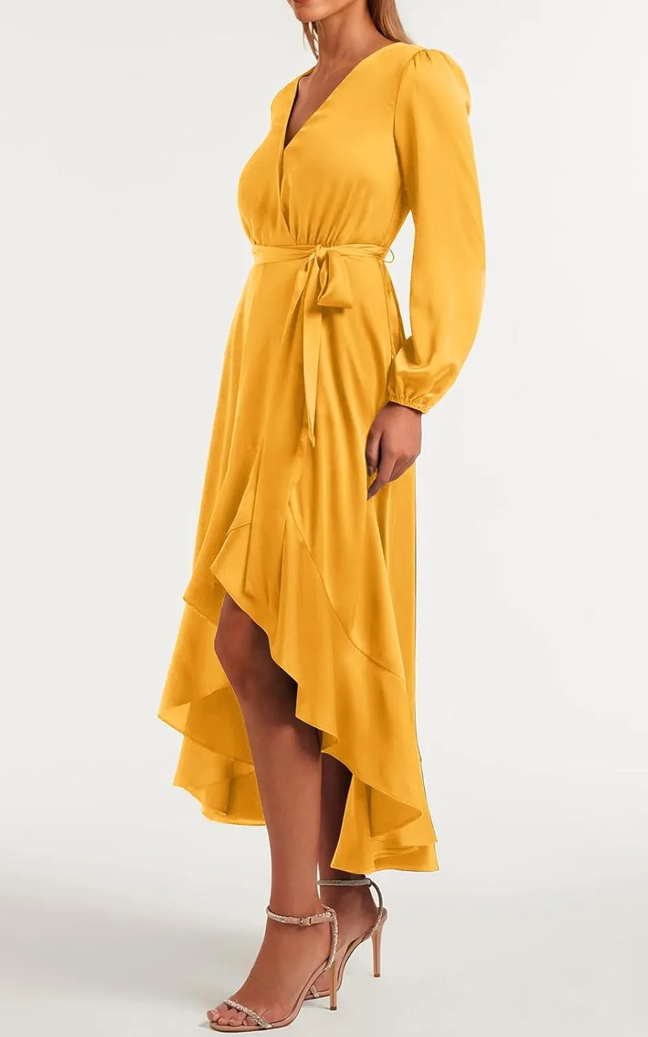 PRETTYGARDEN Women's Spring Dresses Casual Long Sleeve Wrap V Neck Maxi Dress Ruffle High Low Wedding Guest Dress Spring 2025