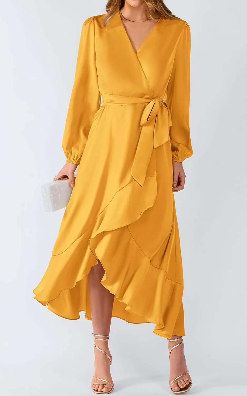 PRETTYGARDEN Women's Spring Dresses Casual Long Sleeve Wrap V Neck Maxi Dress Ruffle High Low Wedding Guest Dress Spring 2025
