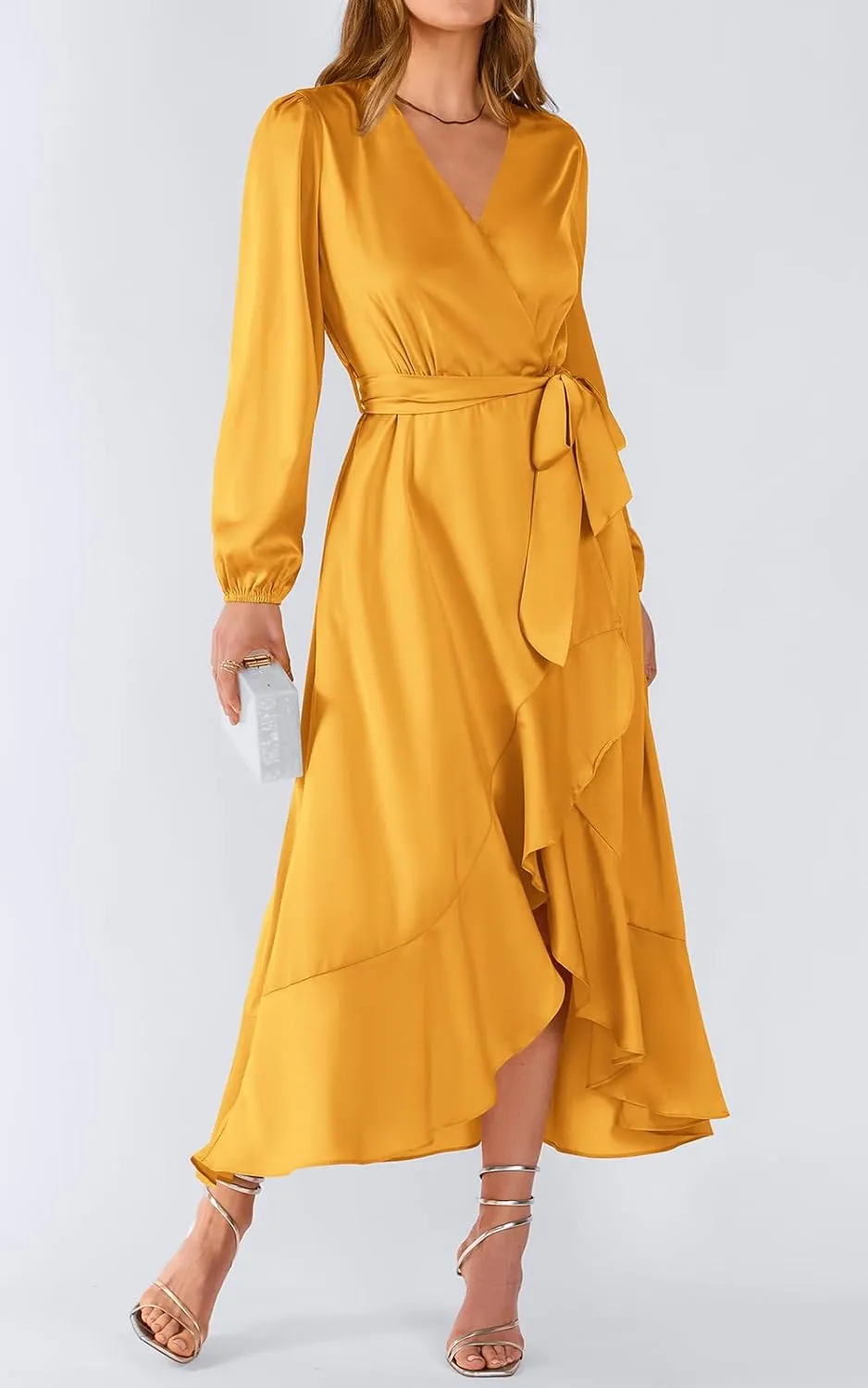 PRETTYGARDEN Women's Spring Dresses Casual Long Sleeve Wrap V Neck Maxi Dress Ruffle High Low Wedding Guest Dress Spring 2025