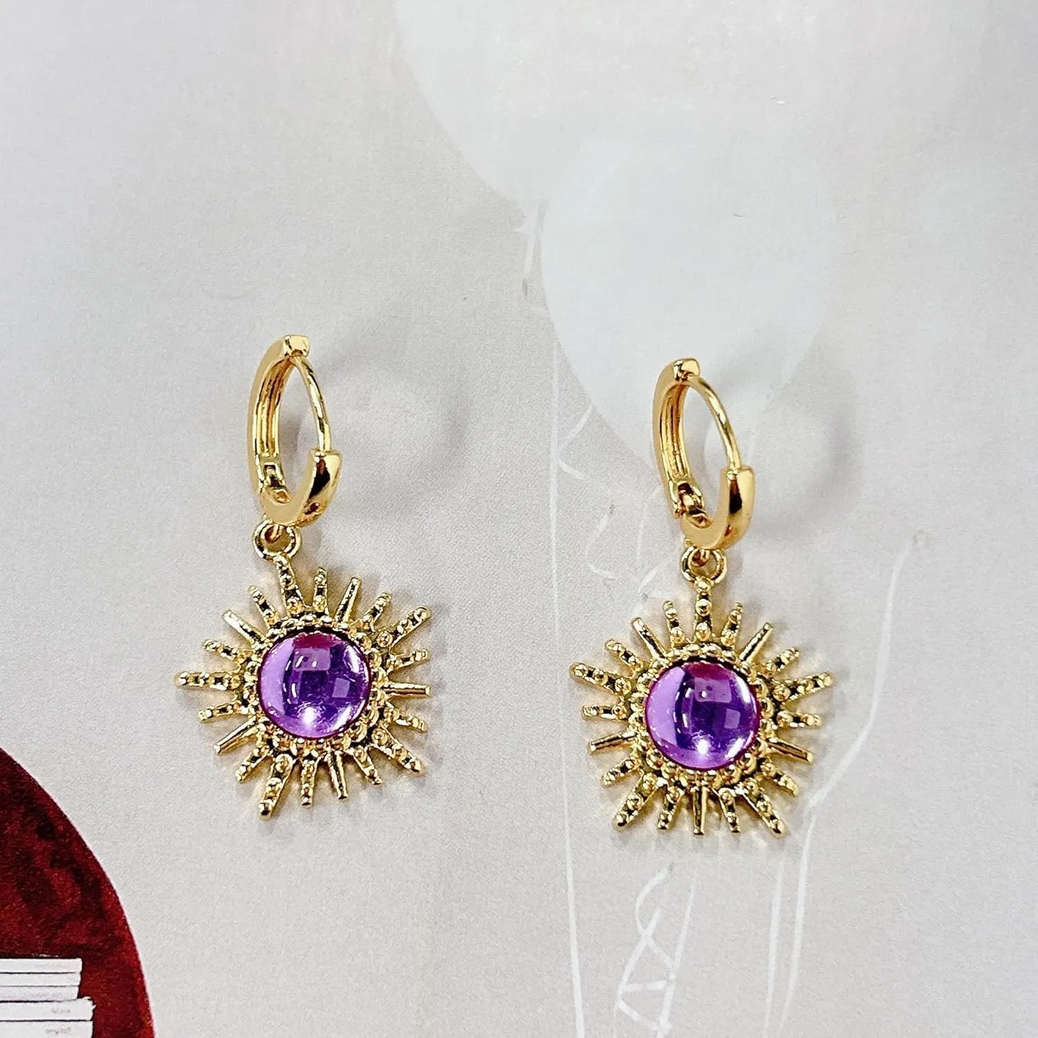 Purple Crystal Sun Dangle Small Hoop Earrings for Women Her Vintage Statement Sunburst Drop Earring Boho Sunshine Charm Summer Beach Huggie Hoops Cartilage Hypoallergenic Fashion Birthday Jewelry Gift