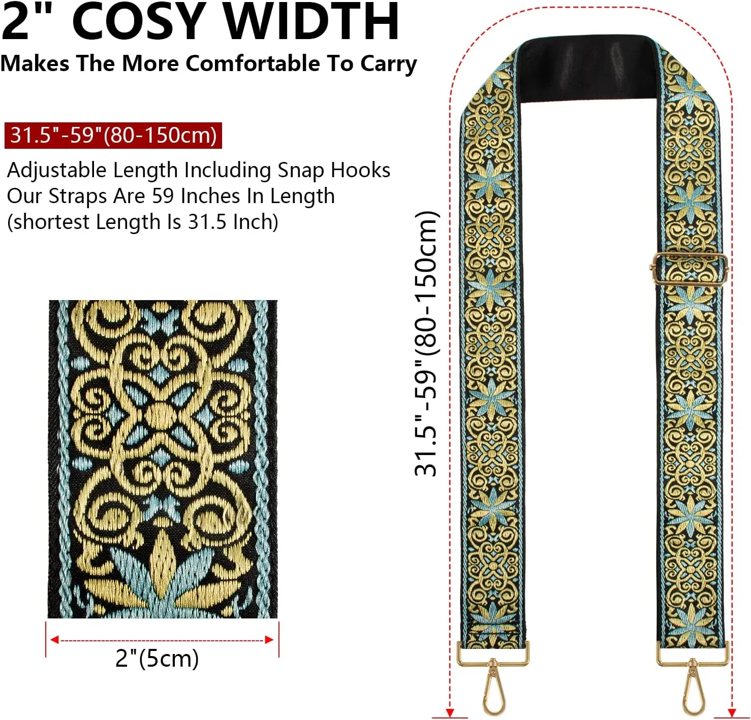 Purse Strap Crossbody, 2" Bag Straps Replacement for Purses, Embroidered Wide Shoulder Strap for Handbag