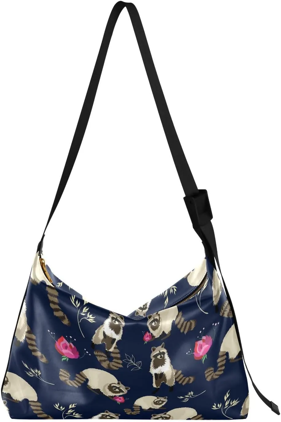 Raccoon Cute Hobo Crossbody Bags for Women Leather Large Shoulder Bag Cross Body Flower Trendy Womens Tote Bags Handbag for Travel Shopping