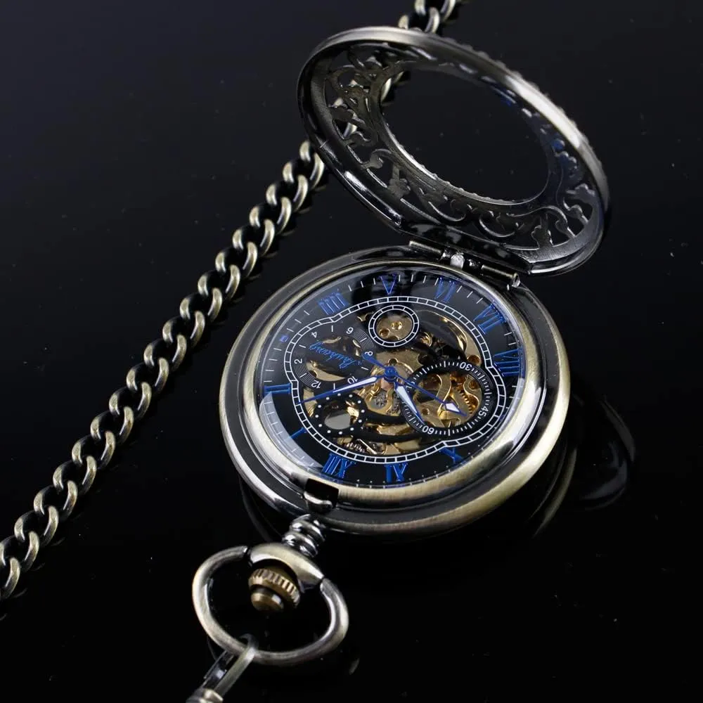 Retro and Classical Design Green Flower Mechanical Pocket Watch, Roman Digital Dial Men's Mechanical Pocket Watch
