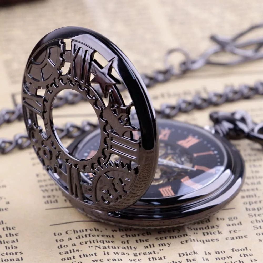 Retro and Classical Design Green Flower Mechanical Pocket Watch, Roman Digital Dial Men's Mechanical Pocket Watch