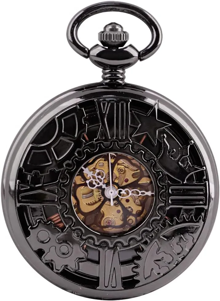 Retro and Classical Design Green Flower Mechanical Pocket Watch, Roman Digital Dial Men's Mechanical Pocket Watch