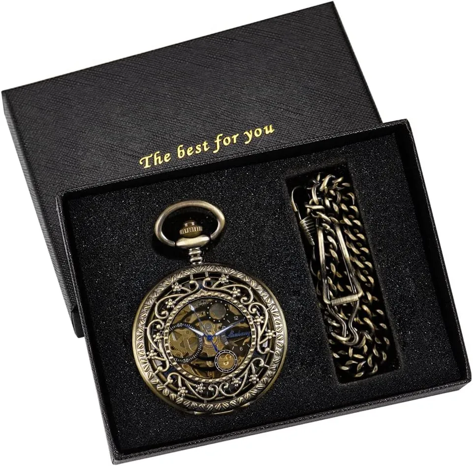 Retro and Classical Design Green Flower Mechanical Pocket Watch, Roman Digital Dial Men's Mechanical Pocket Watch