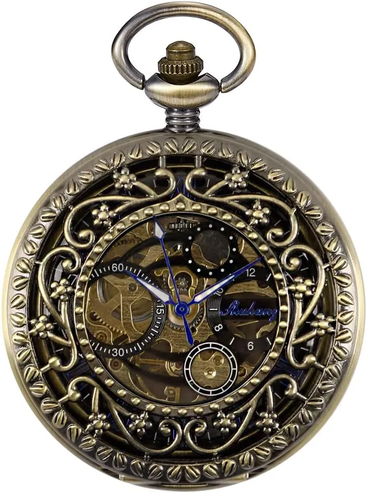 Retro and Classical Design Green Flower Mechanical Pocket Watch, Roman Digital Dial Men's Mechanical Pocket Watch