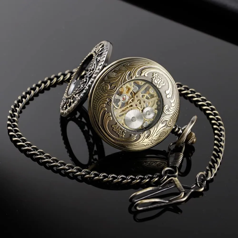 Retro and Classical Design Green Flower Mechanical Pocket Watch, Roman Digital Dial Men's Mechanical Pocket Watch