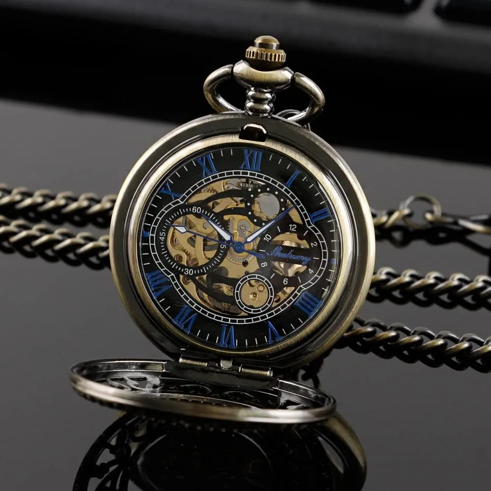 Retro and Classical Design Green Flower Mechanical Pocket Watch, Roman Digital Dial Men's Mechanical Pocket Watch