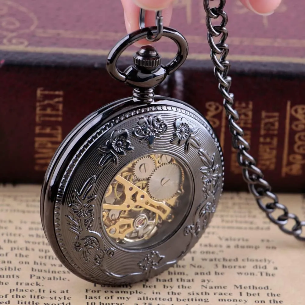 Retro and Classical Design Green Flower Mechanical Pocket Watch, Roman Digital Dial Men's Mechanical Pocket Watch
