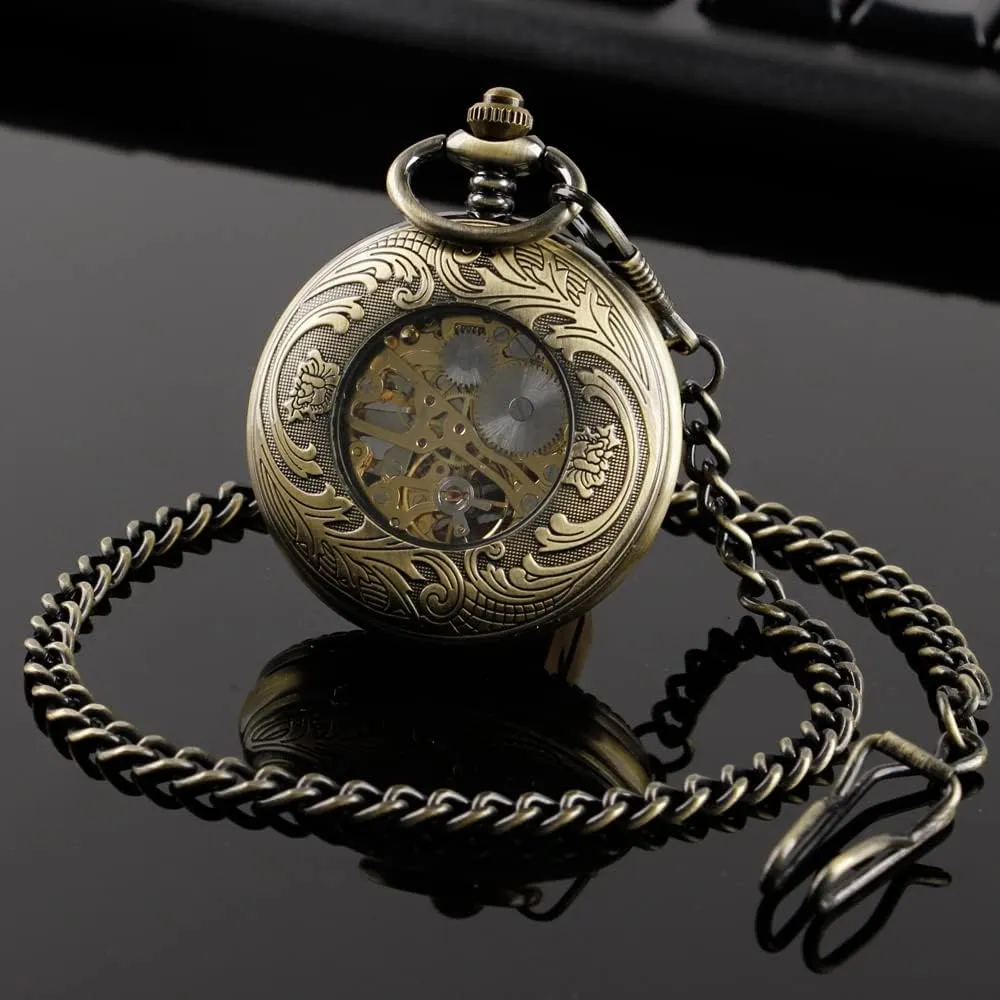 Retro and Classical Design Green Flower Mechanical Pocket Watch, Roman Digital Dial Men's Mechanical Pocket Watch