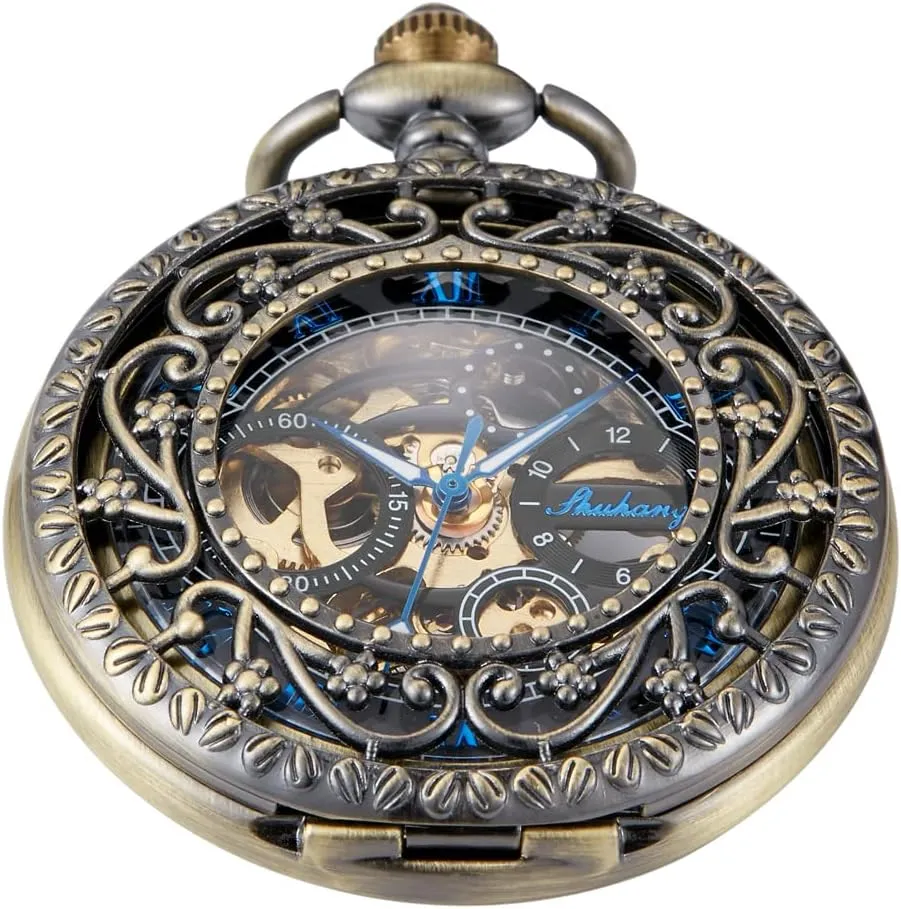 Retro and Classical Design Green Flower Mechanical Pocket Watch, Roman Digital Dial Men's Mechanical Pocket Watch