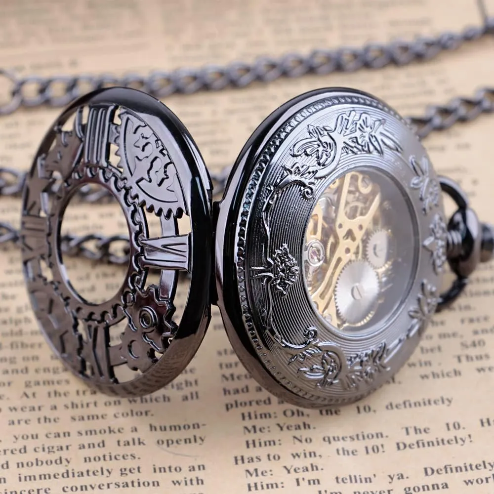 Retro and Classical Design Green Flower Mechanical Pocket Watch, Roman Digital Dial Men's Mechanical Pocket Watch
