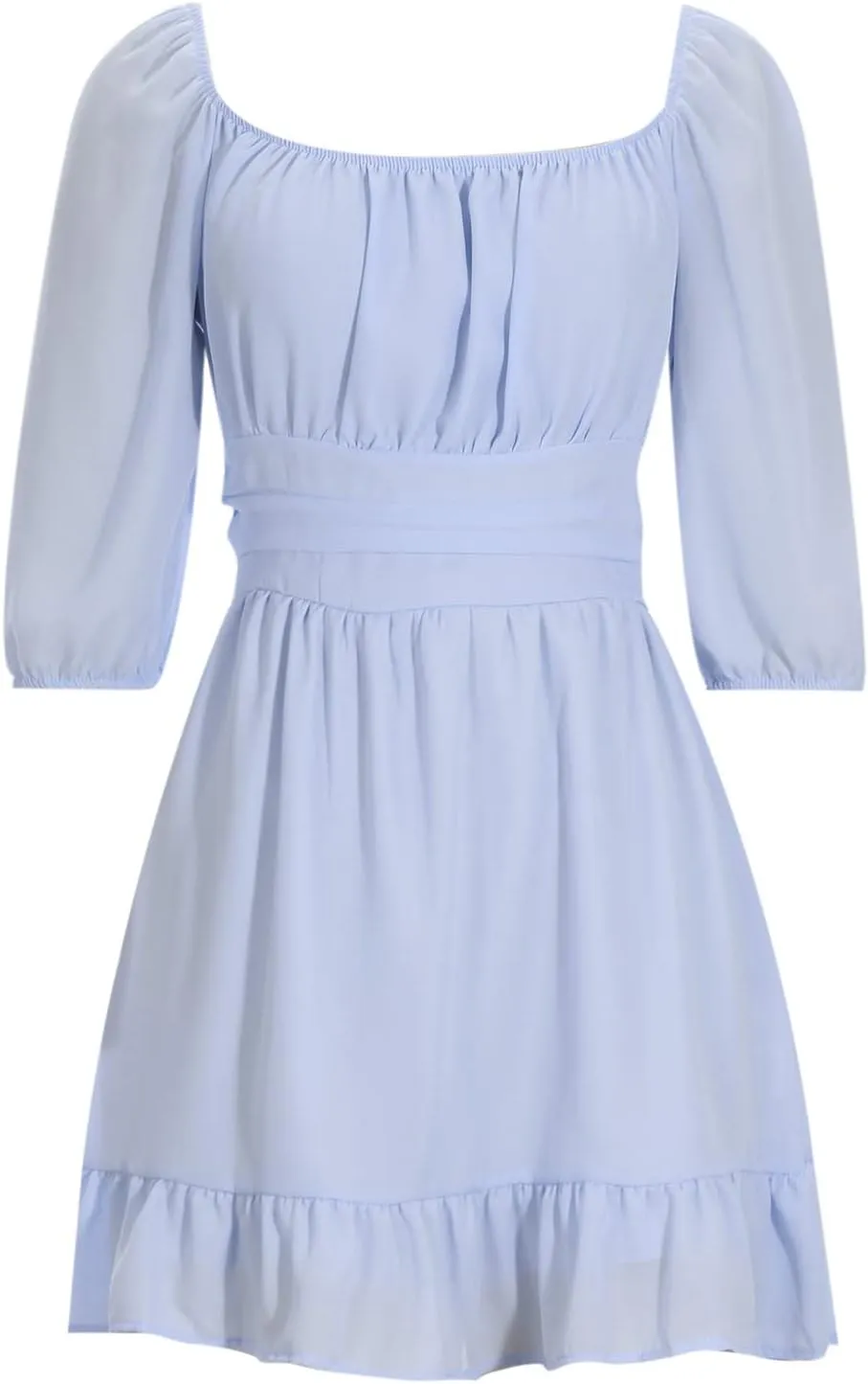 Ruched Dress for Women Casual Summer Square Collar Midi Sleeve Mini Dresses Solid Ruffles Hem Flowy Tunic Dress