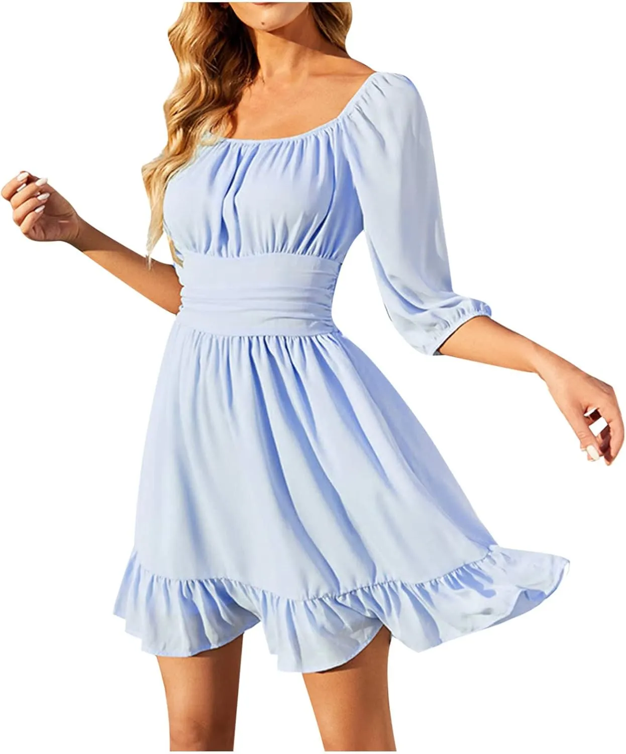 Ruched Dress for Women Casual Summer Square Collar Midi Sleeve Mini Dresses Solid Ruffles Hem Flowy Tunic Dress