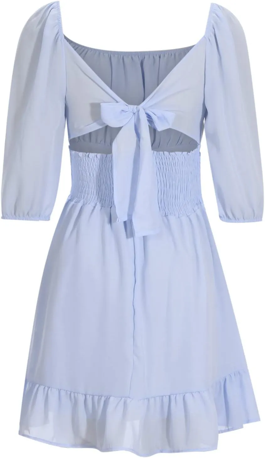 Ruched Dress for Women Casual Summer Square Collar Midi Sleeve Mini Dresses Solid Ruffles Hem Flowy Tunic Dress