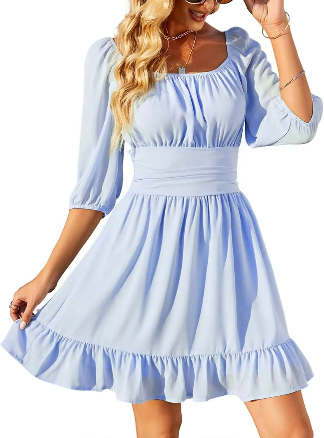Ruched Dress for Women Casual Summer Square Collar Midi Sleeve Mini Dresses Solid Ruffles Hem Flowy Tunic Dress
