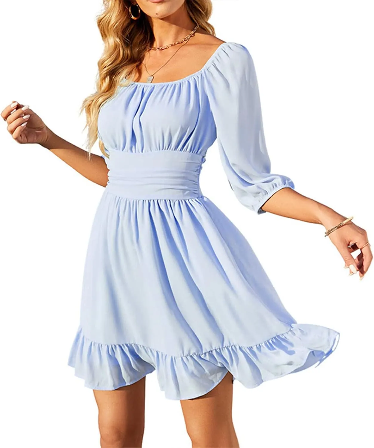 Ruched Dress for Women Casual Summer Square Collar Midi Sleeve Mini Dresses Solid Ruffles Hem Flowy Tunic Dress