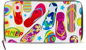 Seamless Pattern with Colorful Flip Flops Beach Sandals on White Leather Long Wallet Organizer with Zipper Purse Clutch Bag for Women Men Key Card Coin Passport Checkbook 8 x 4 inch