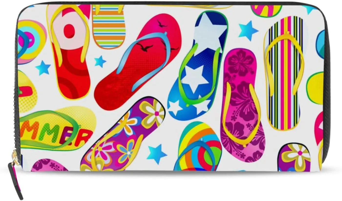 Seamless Pattern with Colorful Flip Flops Beach Sandals on White Leather Long Wallet Organizer with Zipper Purse Clutch Bag for Women Men Key Card Coin Passport Checkbook 8 x 4 inch