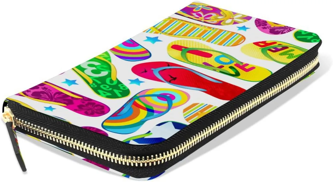 Seamless Pattern with Colorful Flip Flops Beach Sandals on White Leather Long Wallet Organizer with Zipper Purse Clutch Bag for Women Men Key Card Coin Passport Checkbook 8 x 4 inch