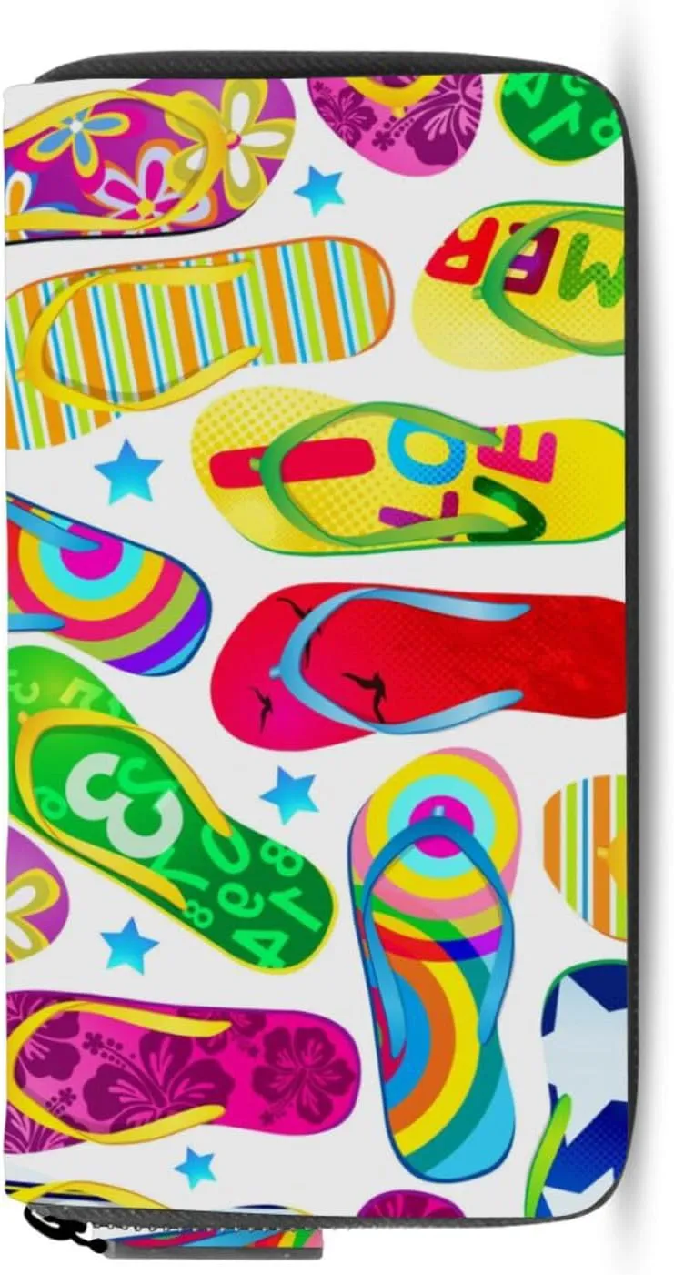 Seamless Pattern with Colorful Flip Flops Beach Sandals on White Leather Long Wallet Organizer with Zipper Purse Clutch Bag for Women Men Key Card Coin Passport Checkbook 8 x 4 inch