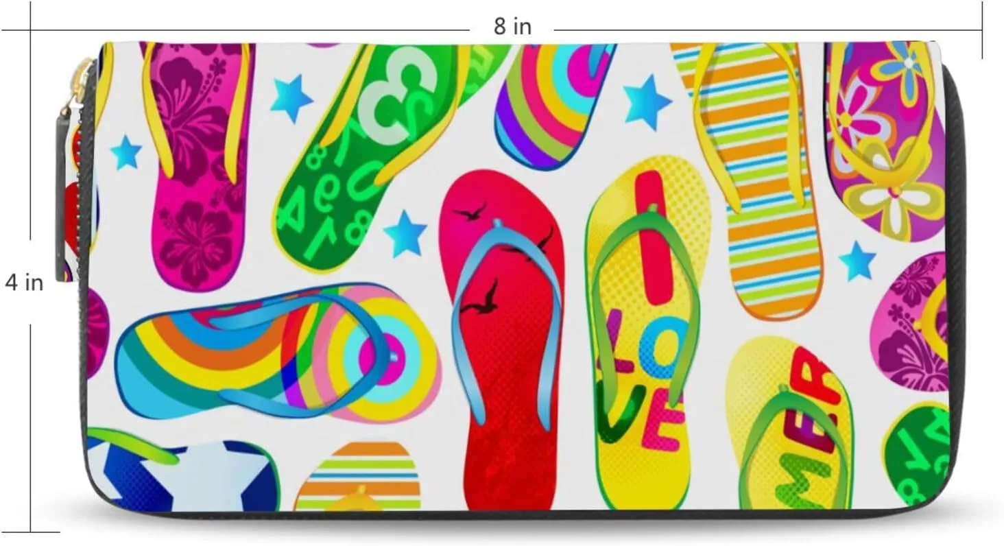 Seamless Pattern with Colorful Flip Flops Beach Sandals on White Leather Long Wallet Organizer with Zipper Purse Clutch Bag for Women Men Key Card Coin Passport Checkbook 8 x 4 inch