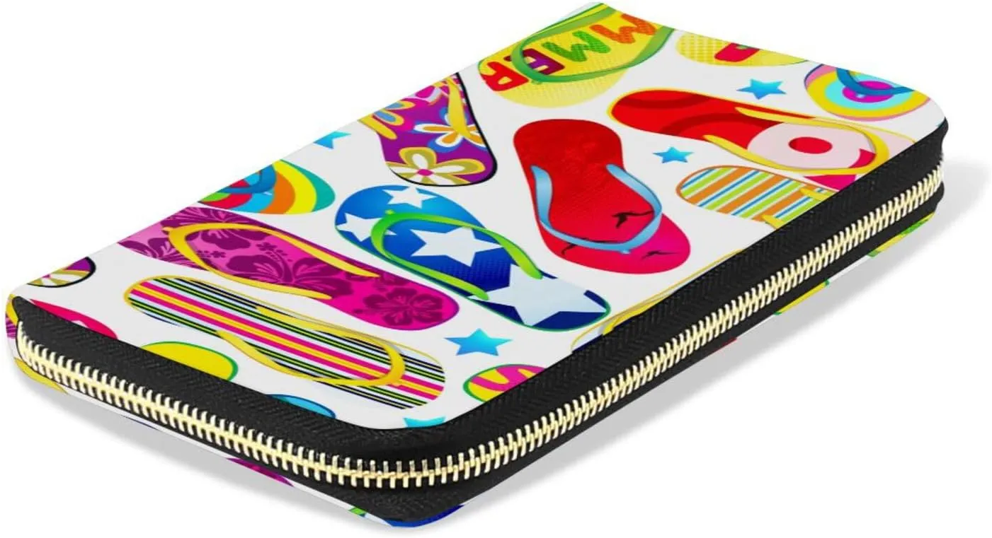 Seamless Pattern with Colorful Flip Flops Beach Sandals on White Leather Long Wallet Organizer with Zipper Purse Clutch Bag for Women Men Key Card Coin Passport Checkbook 8 x 4 inch