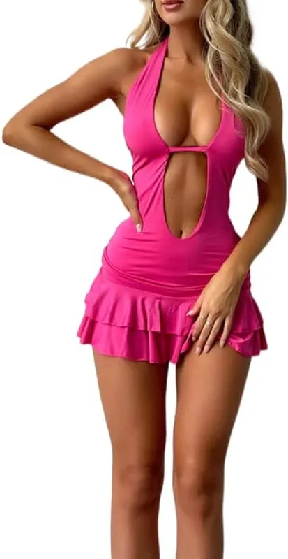 Sexy Tie Dye Cut Out Mini Dress Bandage Ruffle Bodycon Short Dresses Plunge Neck Criss Cross Going Out Dress