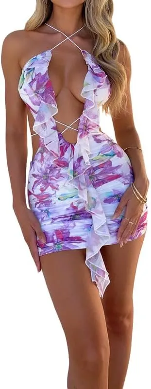 Sexy Tie Dye Cut Out Mini Dress Bandage Ruffle Bodycon Short Dresses Plunge Neck Criss Cross Going Out Dress