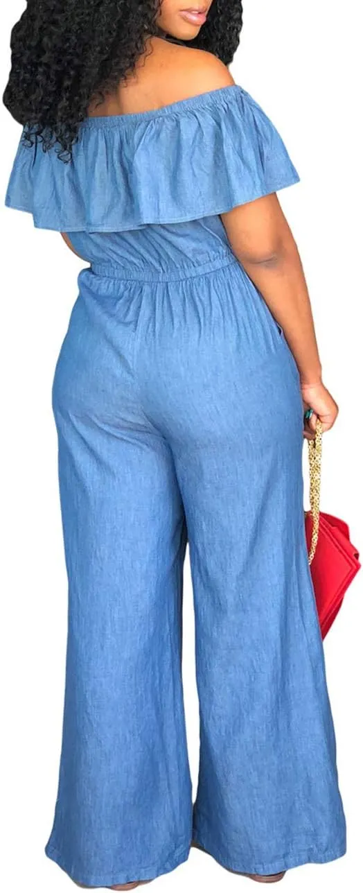 Sexyshine Women's Halter Lace Up Backless Casual Wide Leg Blue Denim Long Jumpsuit Playsuit Rompers With Belt
