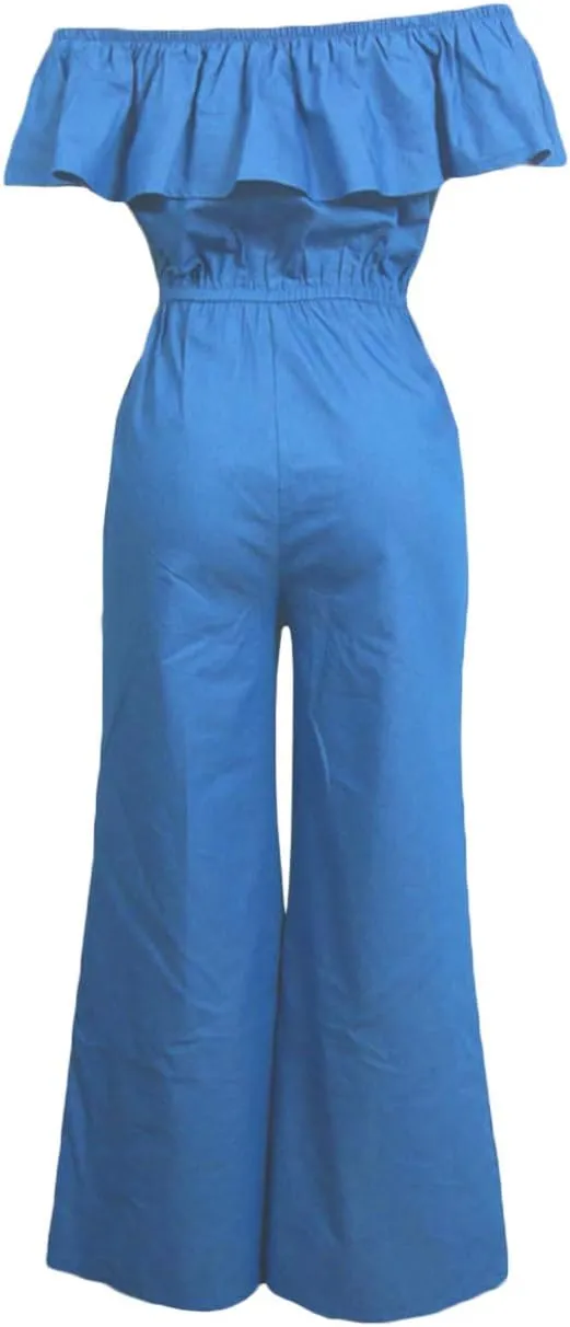 Sexyshine Women's Halter Lace Up Backless Casual Wide Leg Blue Denim Long Jumpsuit Playsuit Rompers With Belt