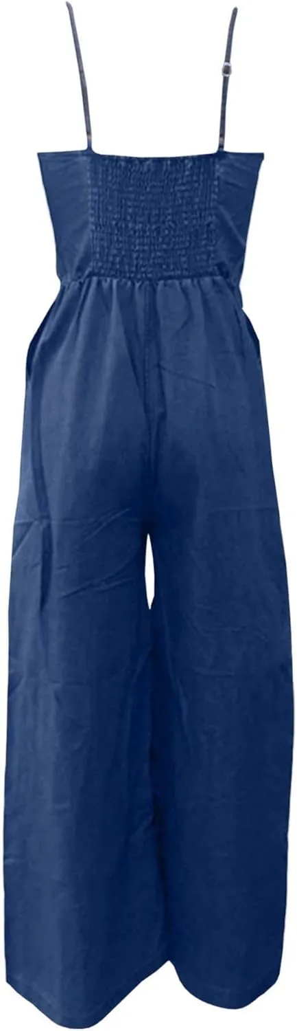Sexyshine Women's Halter Lace Up Backless Casual Wide Leg Blue Denim Long Jumpsuit Playsuit Rompers With Belt