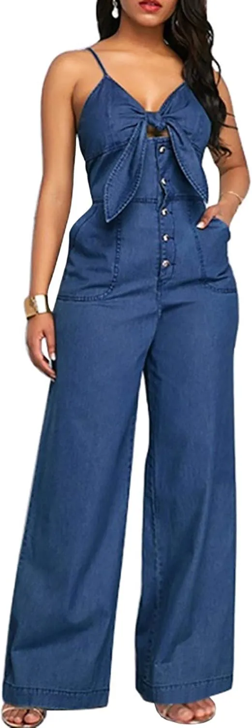 Sexyshine Women's Halter Lace Up Backless Casual Wide Leg Blue Denim Long Jumpsuit Playsuit Rompers With Belt