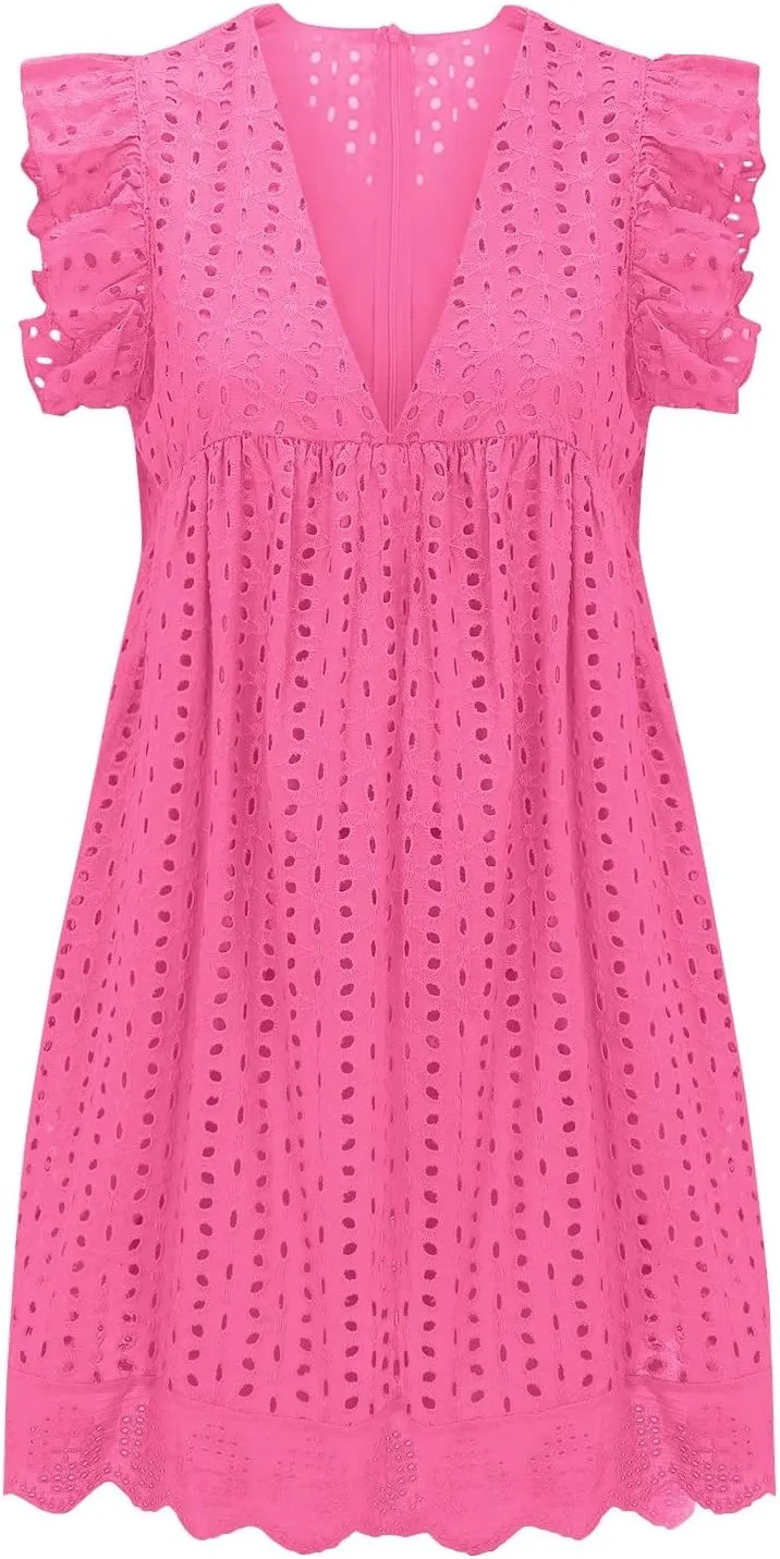 SHAOBGE Sundresses for Women Trendy 2024 Women's Lace Jacquard Cutout Pocket Liner Shorts V Neck Plus Size