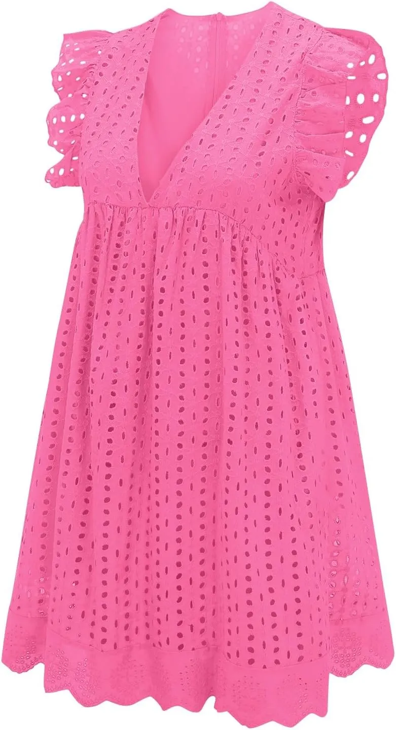 SHAOBGE Sundresses for Women Trendy 2024 Women's Lace Jacquard Cutout Pocket Liner Shorts V Neck Plus Size